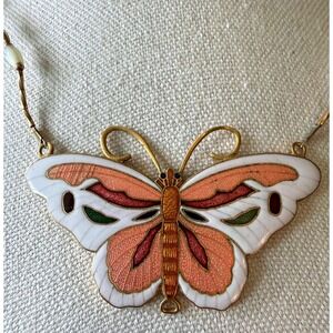 Vintage Cloisonne Enamel Butterfly Statement Necklace Gold Tone Beaded